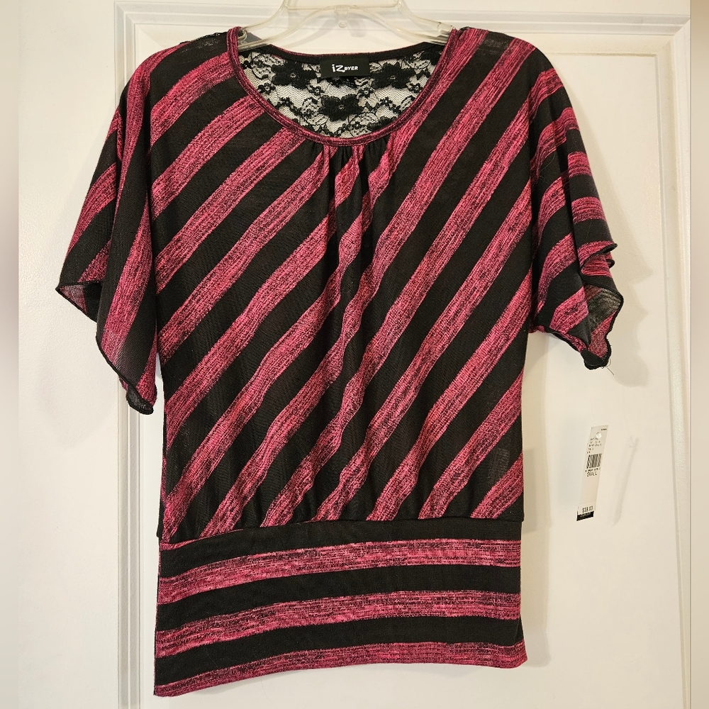 Iz Byer Pink and Black Dressy Top, S/XS, NWT